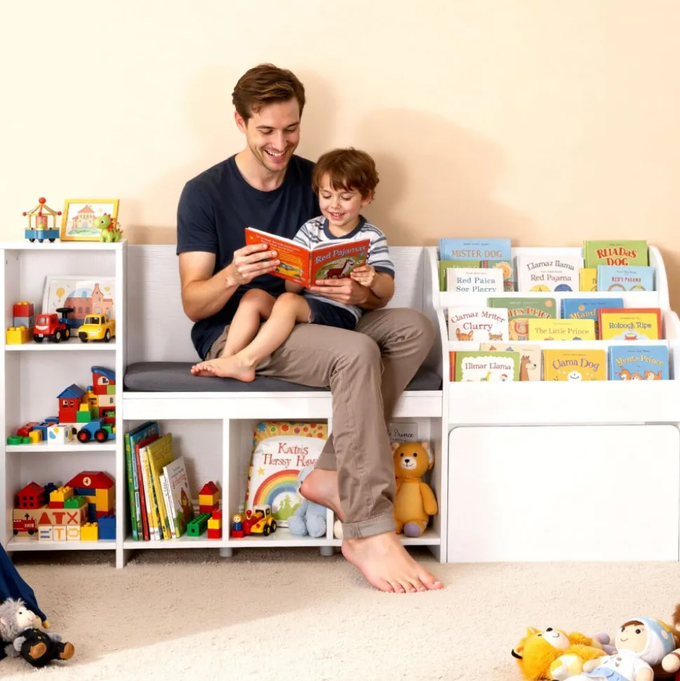 VEVOR Kids Reading Nook, Wooden Storage Bench with Backrest, Kids Bookshelf & Toy Organizer, Large Toy Box Chest for Playroom, Living Room or Entryway, Easy Assembly, 66.9 x 15.8 x 31.5 in, White