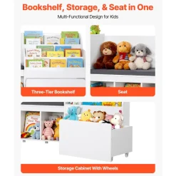 VEVOR Kids Reading Nook, Wooden Storage Bench with Backrest, Kids Bookshelf & Toy Organizer, Large Toy Box Chest for Playroom, Living Room or Entryway, Easy Assembly, 66.9 x 15.8 x 31.5 in, White
