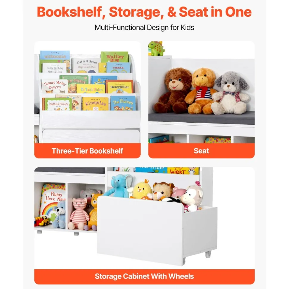 VEVOR Kids Reading Nook, Wooden Storage Bench with Backrest, Kids Bookshelf & Toy Organizer, Large Toy Box Chest for Playroom, Living Room or Entryway, Easy Assembly, 66.9 x 15.8 x 31.5 in, White