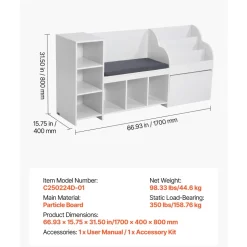 VEVOR Kids Reading Nook, Wooden Storage Bench with Backrest, Kids Bookshelf & Toy Organizer, Large Toy Box Chest for Playroom, Living Room or Entryway, Easy Assembly, 66.9 x 15.8 x 31.5 in, White