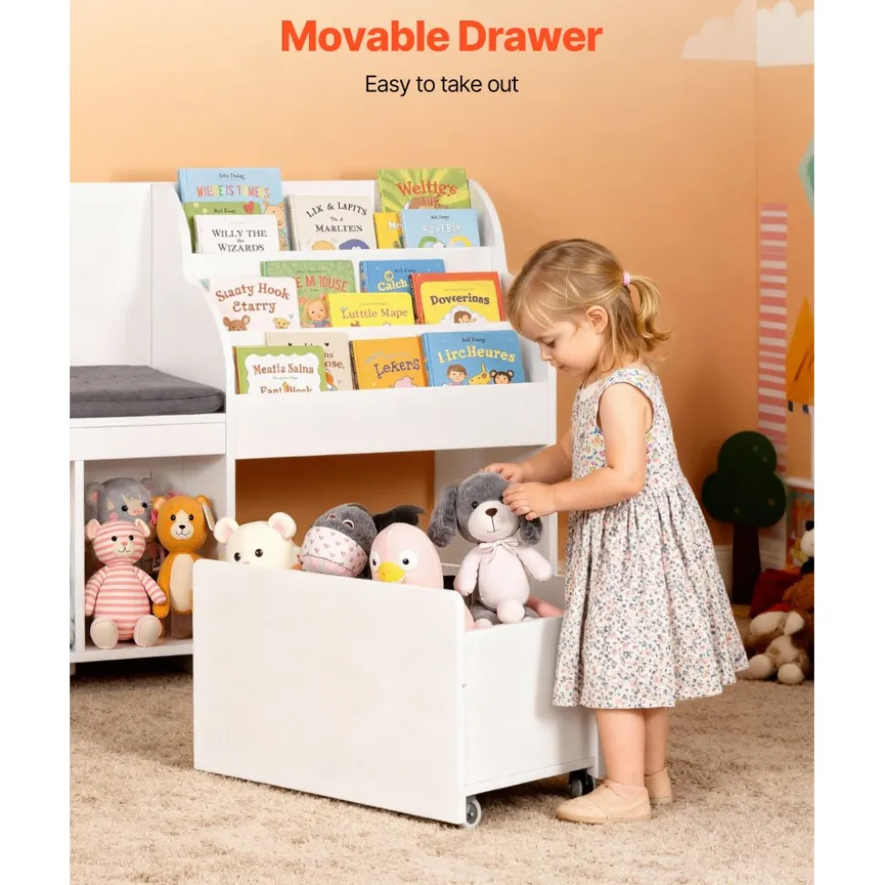 VEVOR Kids Reading Nook, Wooden Storage Bench with Backrest, Kids Bookshelf & Toy Organizer, Large Toy Box Chest for Playroom, Living Room or Entryway, Easy Assembly, 66.9 x 15.8 x 31.5 in, White