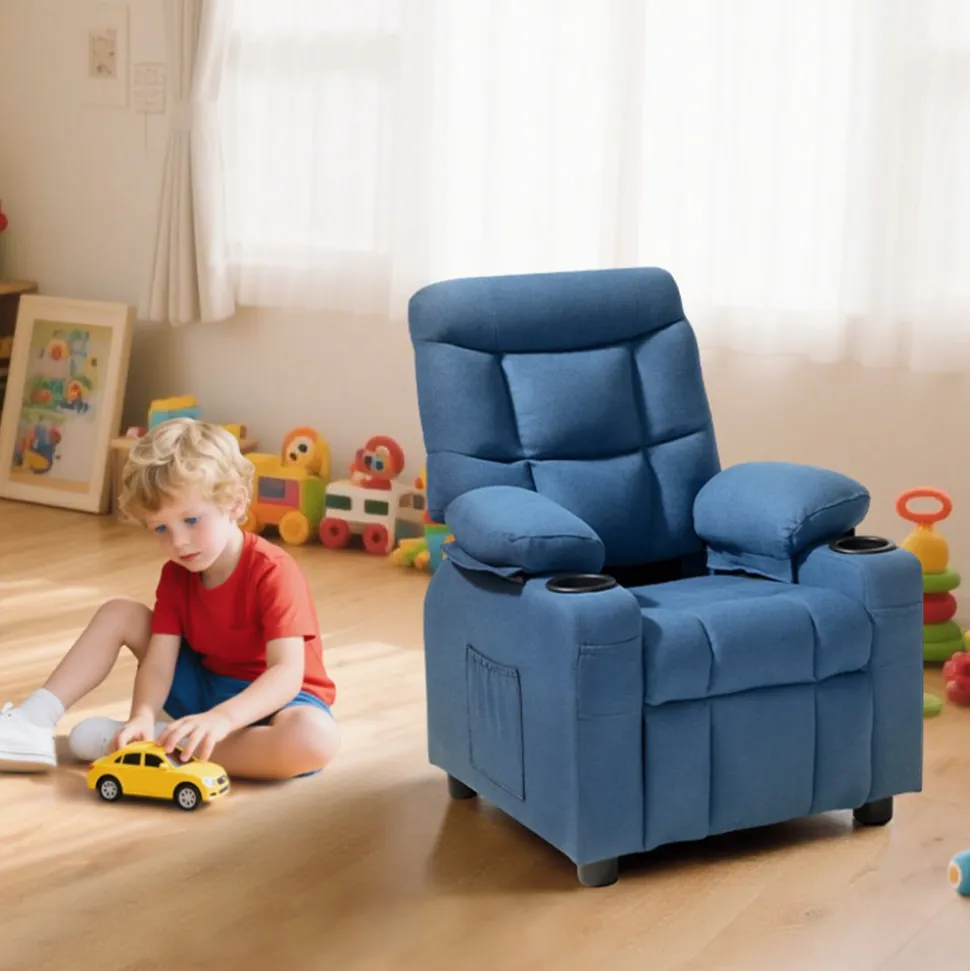 VEVOR Kids Recliner Chair, Toddler Lounger with Cup Holders & Pockets, 107° to 126° Adjustable Back, Breathable Polyester Upholstery Reclining Sofa with Foot-rest, for Boys and Girls, Children (Blue)