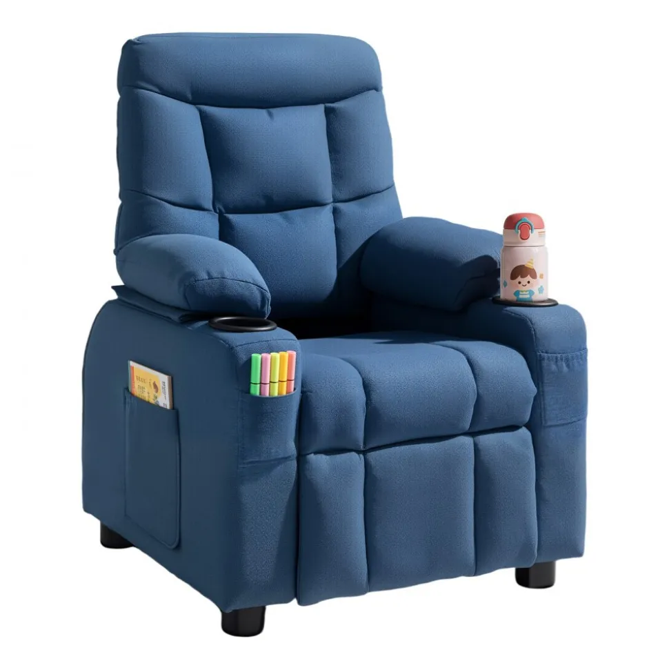 VEVOR Kids Recliner Chair, Toddler Lounger with Cup Holders & Pockets, 107° to 126° Adjustable Back, Breathable Polyester Upholstery Reclining Sofa with Foot-rest, for Boys and Girls, Children (Blue)