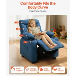 VEVOR Kids Recliner Chair, Toddler Lounger with Cup Holders & Pockets, 107° to 126° Adjustable Back, Breathable Polyester Upholstery Reclining Sofa with Foot-rest, for Boys and Girls, Children (Blue)