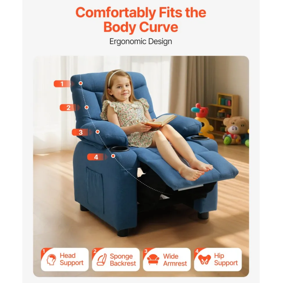 VEVOR Kids Recliner Chair, Toddler Lounger with Cup Holders & Pockets, 107° to 126° Adjustable Back, Breathable Polyester Upholstery Reclining Sofa with Foot-rest, for Boys and Girls, Children (Blue)
