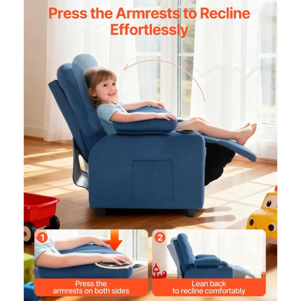VEVOR Kids Recliner Chair, Toddler Lounger with Cup Holders & Pockets, 107° to 126° Adjustable Back, Breathable Polyester Upholstery Reclining Sofa with Foot-rest, for Boys and Girls, Children (Blue)