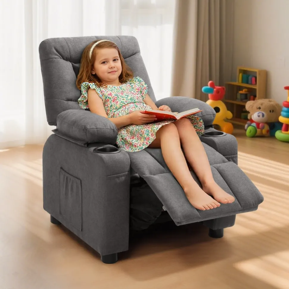 VEVOR Kids Recliner Chair, Toddler Lounger with Cup Holders & Pockets, 107° to 126° Adjustable Back, Breathable Polyester Upholstery Reclining Sofa with Foot-rest, for Boys and Girls, Children (Gray)