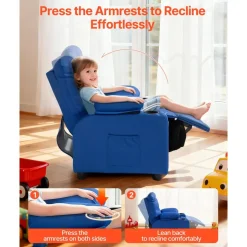 VEVOR Kids Reclining Chair, Toddler Recliner with 2 Cup Holders and 4 Pockets, 107° to 126° Adjustable Back, Easy-to-Clean PU Leather Recliner Couch with Footrest, for Boys, Girls & Children (Blue)