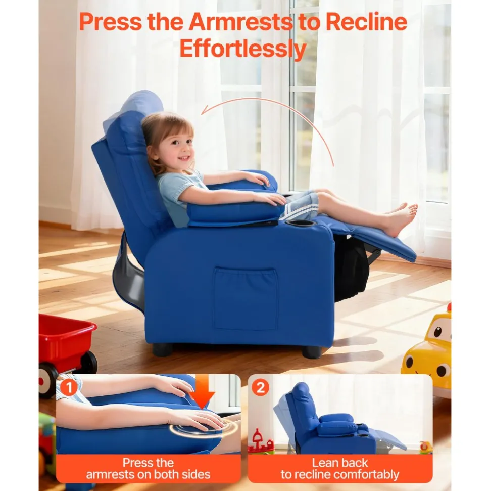 VEVOR Kids Reclining Chair, Toddler Recliner with 2 Cup Holders and 4 Pockets, 107° to 126° Adjustable Back, Easy-to-Clean PU Leather Recliner Couch with Footrest, for Boys, Girls & Children (Blue)