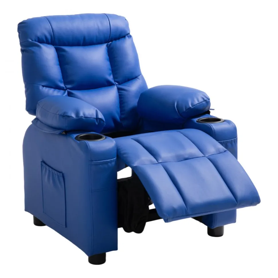 VEVOR Kids Reclining Chair, Toddler Recliner with 2 Cup Holders and 4 Pockets, 107° to 126° Adjustable Back, Easy-to-Clean PU Leather Recliner Couch with Footrest, for Boys, Girls & Children (Blue)