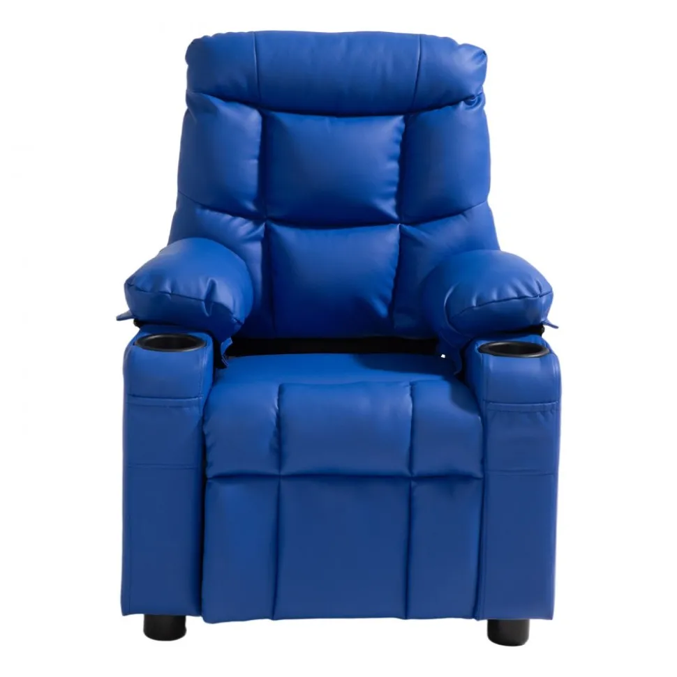 VEVOR Kids Reclining Chair, Toddler Recliner with 2 Cup Holders and 4 Pockets, 107° to 126° Adjustable Back, Easy-to-Clean PU Leather Recliner Couch with Footrest, for Boys, Girls & Children (Blue)