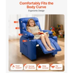 VEVOR Kids Reclining Chair, Toddler Recliner with 2 Cup Holders and 4 Pockets, 107° to 126° Adjustable Back, Easy-to-Clean PU Leather Recliner Couch with Footrest, for Boys, Girls & Children (Blue)