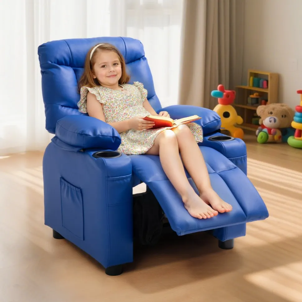 VEVOR Kids Reclining Chair, Toddler Recliner with 2 Cup Holders and 4 Pockets, 107° to 126° Adjustable Back, Easy-to-Clean PU Leather Recliner Couch with Footrest, for Boys, Girls & Children (Blue)