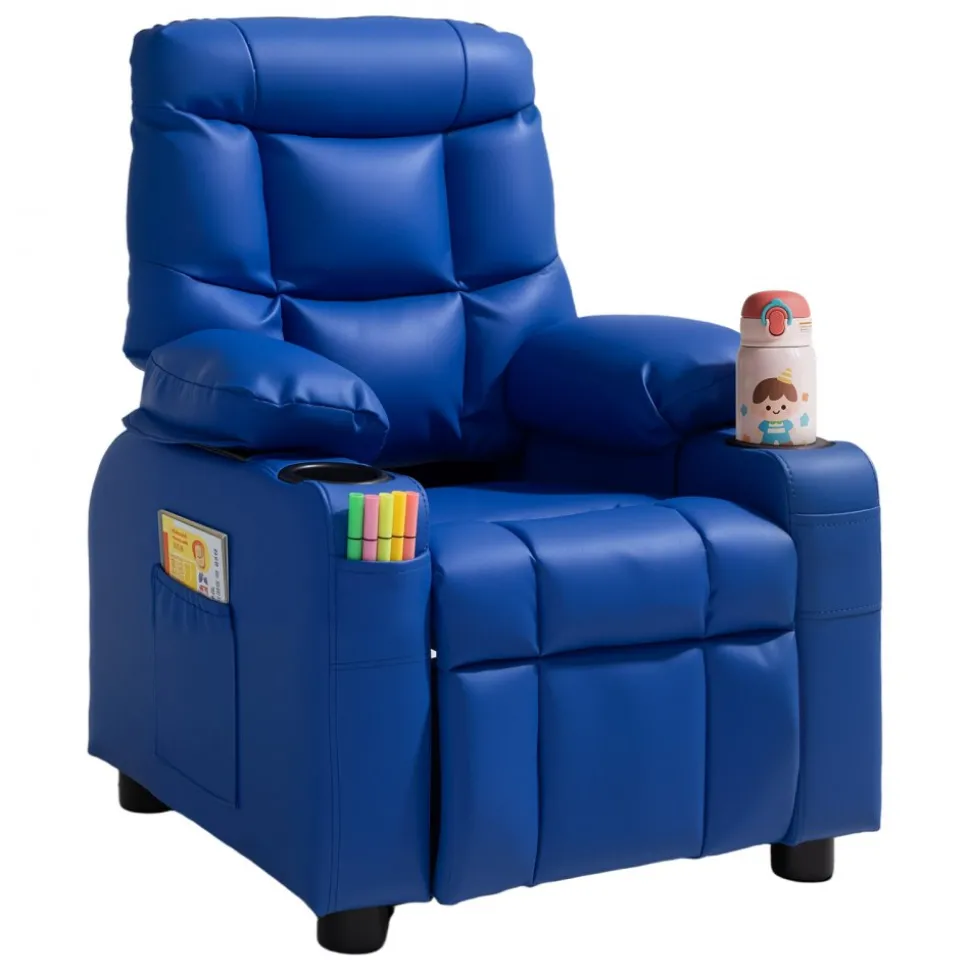 VEVOR Kids Reclining Chair, Toddler Recliner with 2 Cup Holders and 4 Pockets, 107° to 126° Adjustable Back, Easy-to-Clean PU Leather Recliner Couch with Footrest, for Boys, Girls & Children (Blue)