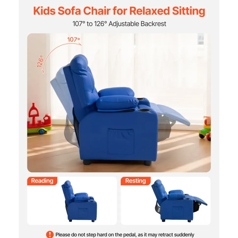 VEVOR Kids Reclining Chair, Toddler Recliner with 2 Cup Holders and 4 Pockets, 107° to 126° Adjustable Back, Easy-to-Clean PU Leather Recliner Couch with Footrest, for Boys, Girls & Children (Blue)