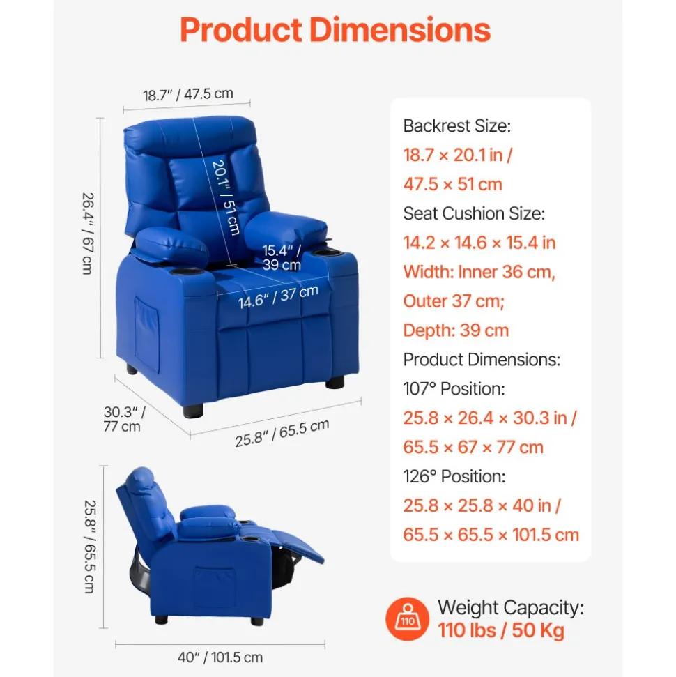 VEVOR Kids Reclining Chair, Toddler Recliner with 2 Cup Holders and 4 Pockets, 107° to 126° Adjustable Back, Easy-to-Clean PU Leather Recliner Couch with Footrest, for Boys, Girls & Children (Blue)