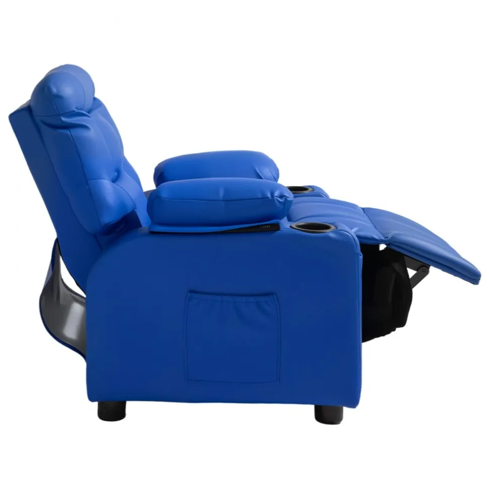 VEVOR Kids Reclining Chair, Toddler Recliner with 2 Cup Holders and 4 Pockets, 107° to 126° Adjustable Back, Easy-to-Clean PU Leather Recliner Couch with Footrest, for Boys, Girls & Children (Blue)