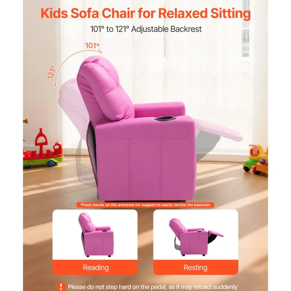 VEVOR Kids Reclining Chair, Toddler Recliner with Cup Holder, 101° to 121° Adjustable Backrest, Easy-to-Clean PU Leather Recliner Couch with Footrest, 90 lbs Load, for Boys & Girls, Children (Pink)