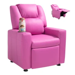 VEVOR Kids Reclining Chair, Toddler Recliner with Cup Holder, 101° to 121° Adjustable Backrest, Easy-to-Clean PU Leather Recliner Couch with Footrest, 90 lbs Load, for Boys & Girls, Children (Pink)