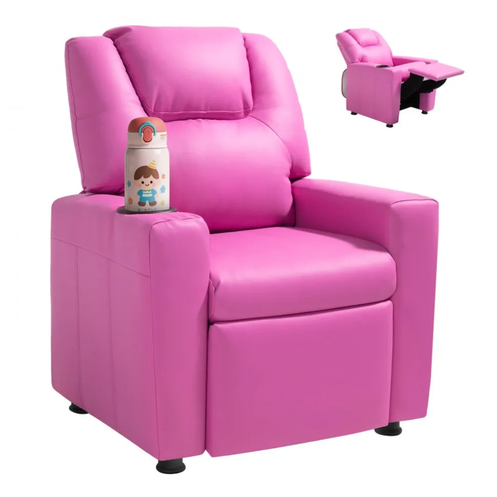 VEVOR Kids Reclining Chair, Toddler Recliner with Cup Holder, 101° to 121° Adjustable Backrest, Easy-to-Clean PU Leather Recliner Couch with Footrest, 90 lbs Load, for Boys & Girls, Children (Pink)