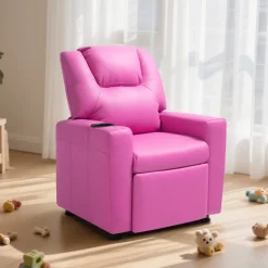VEVOR Kids Reclining Chair, Toddler Recliner with Cup Holder, 101° to 121° Adjustable Backrest, Easy-to-Clean PU Leather Recliner Couch with Footrest, 90 lbs Load, for Boys & Girls, Children (Pink)