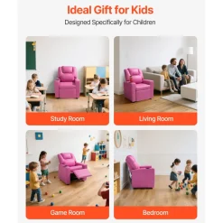 VEVOR Kids Reclining Chair, Toddler Recliner with Cup Holder, 101° to 121° Adjustable Backrest, Easy-to-Clean PU Leather Recliner Couch with Footrest, 90 lbs Load, for Boys & Girls, Children (Pink)