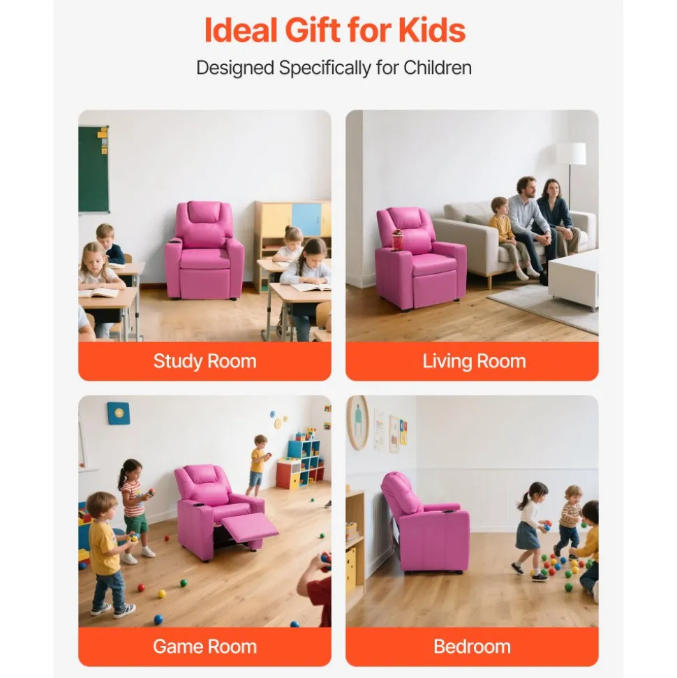 VEVOR Kids Reclining Chair, Toddler Recliner with Cup Holder, 101° to 121° Adjustable Backrest, Easy-to-Clean PU Leather Recliner Couch with Footrest, 90 lbs Load, for Boys & Girls, Children (Pink)