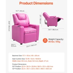 VEVOR Kids Reclining Chair, Toddler Recliner with Cup Holder, 101° to 121° Adjustable Backrest, Easy-to-Clean PU Leather Recliner Couch with Footrest, 90 lbs Load, for Boys & Girls, Children (Pink)
