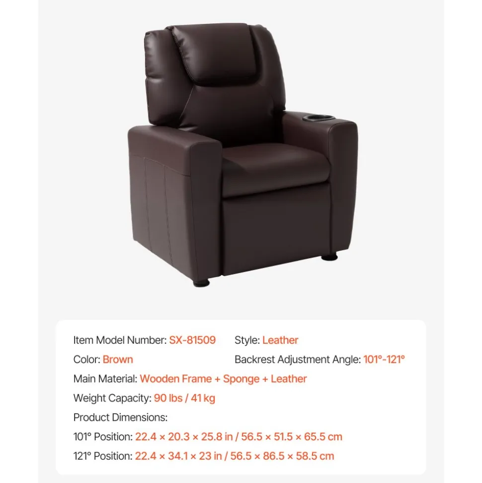 VEVOR Kids Reclining Chair, Toddler Recliner with Cup Holder, 101° to 121° Adjustable Backrest, Easy-to-Clean PU Leather Recliner Couch with Footrest, 90 lbs Load, for Boys & Girls, Children (Brown)