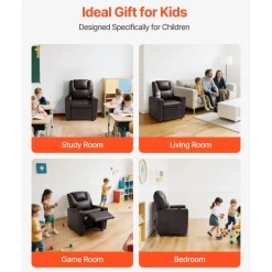 VEVOR Kids Reclining Chair, Toddler Recliner with Cup Holder, 101° to 121° Adjustable Backrest, Easy-to-Clean PU Leather Recliner Couch with Footrest, 90 lbs Load, for Boys & Girls, Children (Brown)