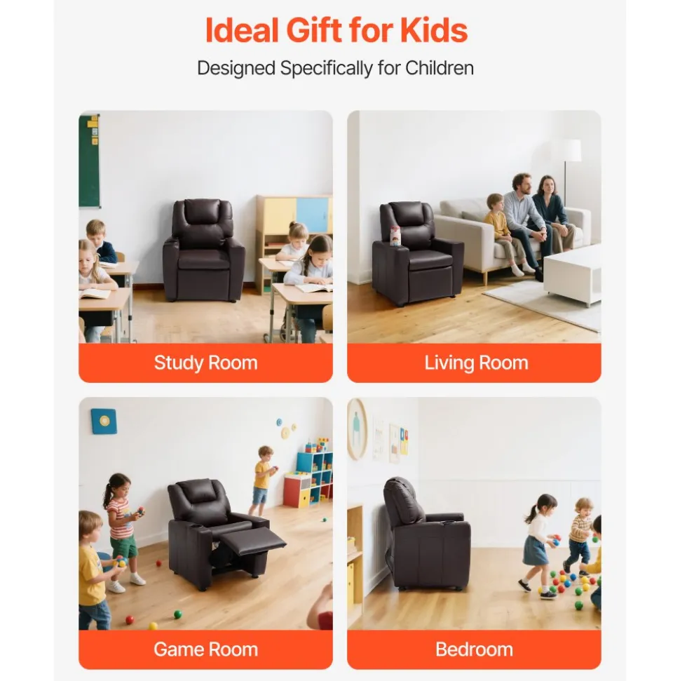 VEVOR Kids Reclining Chair, Toddler Recliner with Cup Holder, 101° to 121° Adjustable Backrest, Easy-to-Clean PU Leather Recliner Couch with Footrest, 90 lbs Load, for Boys & Girls, Children (Brown)