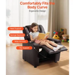 VEVOR Kids Reclining Chair, Toddler Recliner with Cup Holder, 101° to 121° Adjustable Backrest, Easy-to-Clean PU Leather Recliner Couch with Footrest, 90 lbs Load, for Boys & Girls, Children (Brown)