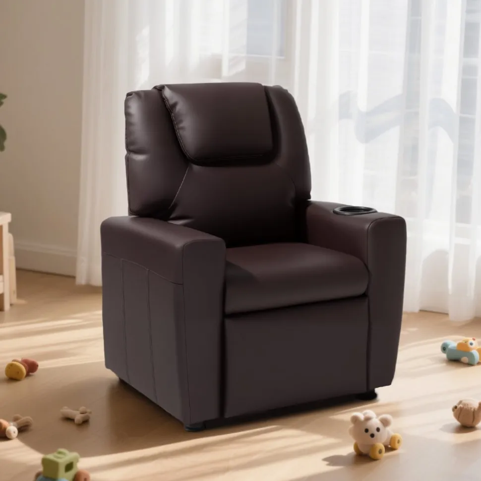 VEVOR Kids Reclining Chair, Toddler Recliner with Cup Holder, 101° to 121° Adjustable Backrest, Easy-to-Clean PU Leather Recliner Couch with Footrest, 90 lbs Load, for Boys & Girls, Children (Brown)