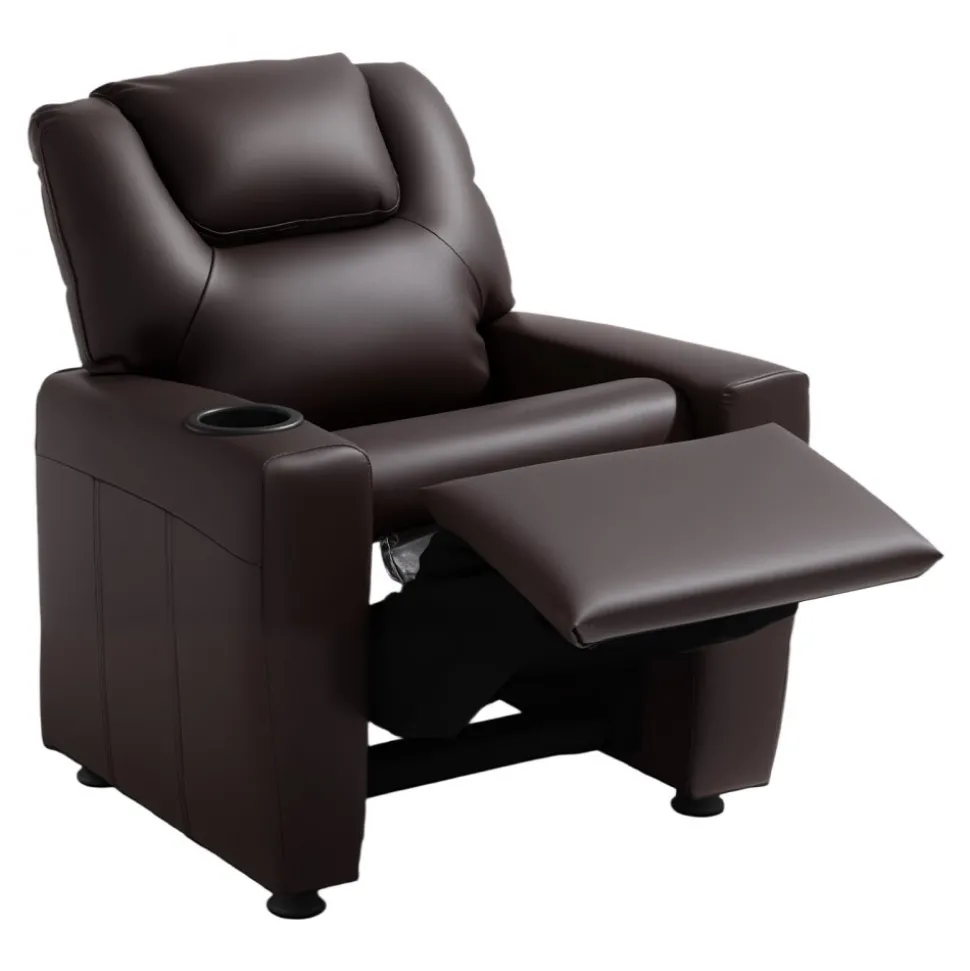 VEVOR Kids Reclining Chair, Toddler Recliner with Cup Holder, 101° to 121° Adjustable Backrest, Easy-to-Clean PU Leather Recliner Couch with Footrest, 90 lbs Load, for Boys & Girls, Children (Brown)