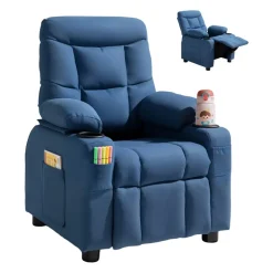 VEVOR Kids Reclining Chair, Toddler Recliner with Cup Holders and Pockets, 107° to 126° Adjustable Backrest, Breathable Polyester Fabric Recliner Couch with Footrest, for Boys & Girls, Children(Blue)