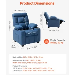 VEVOR Kids Reclining Chair, Toddler Recliner with Cup Holders and Pockets, 107° to 126° Adjustable Backrest, Breathable Polyester Fabric Recliner Couch with Footrest, for Boys & Girls, Children(Blue)