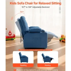 VEVOR Kids Reclining Chair, Toddler Recliner with Cup Holders and Pockets, 107° to 126° Adjustable Backrest, Breathable Polyester Fabric Recliner Couch with Footrest, for Boys & Girls, Children(Blue)