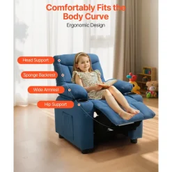 VEVOR Kids Reclining Chair, Toddler Recliner with Cup Holders and Pockets, 107° to 126° Adjustable Backrest, Breathable Polyester Fabric Recliner Couch with Footrest, for Boys & Girls, Children(Blue)