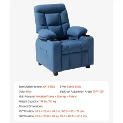 VEVOR Kids Reclining Chair, Toddler Recliner with Cup Holders and Pockets, 107° to 126° Adjustable Backrest, Breathable Polyester Fabric Recliner Couch with Footrest, for Boys & Girls, Children(Blue)