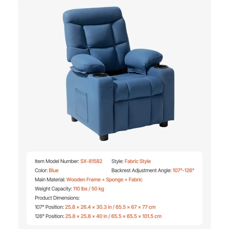 VEVOR Kids Reclining Chair, Toddler Recliner with Cup Holders and Pockets, 107° to 126° Adjustable Backrest, Breathable Polyester Fabric Recliner Couch with Footrest, for Boys & Girls, Children(Blue)