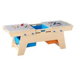 VEVOR Kids Reversible Wooden Activity Table, Multi-Purpose Activity Play Table with 200 Building Bricks & 3 Storage Bins for Kids 3+ Years, Large Storage Space, Present for Boys & Girls, Natural