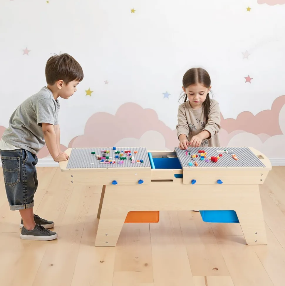 VEVOR Kids Reversible Wooden Activity Table, Multi-Purpose Activity Play Table with 200 Building Bricks & 3 Storage Bins for Kids 3+ Years, Large Storage Space, Present for Boys & Girls, Natural