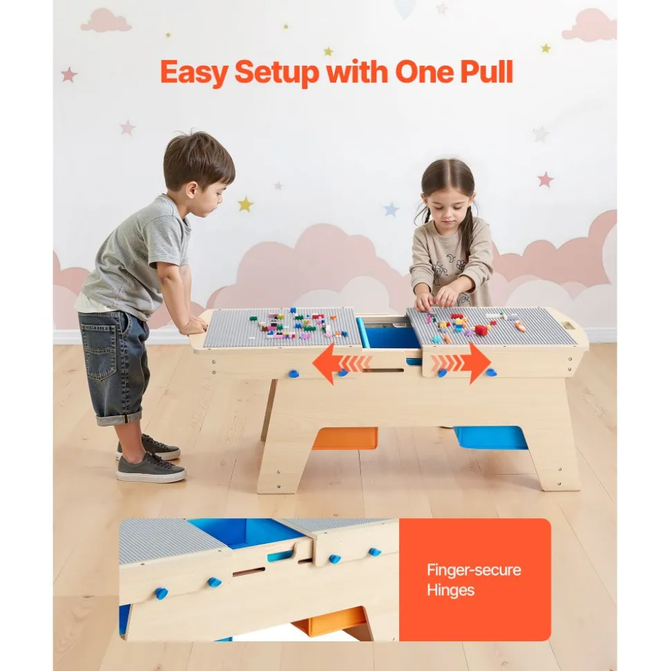 VEVOR Kids Reversible Wooden Activity Table, Multi-Purpose Activity Play Table with 200 Building Bricks & 3 Storage Bins for Kids 3+ Years, Large Storage Space, Present for Boys & Girls, Natural