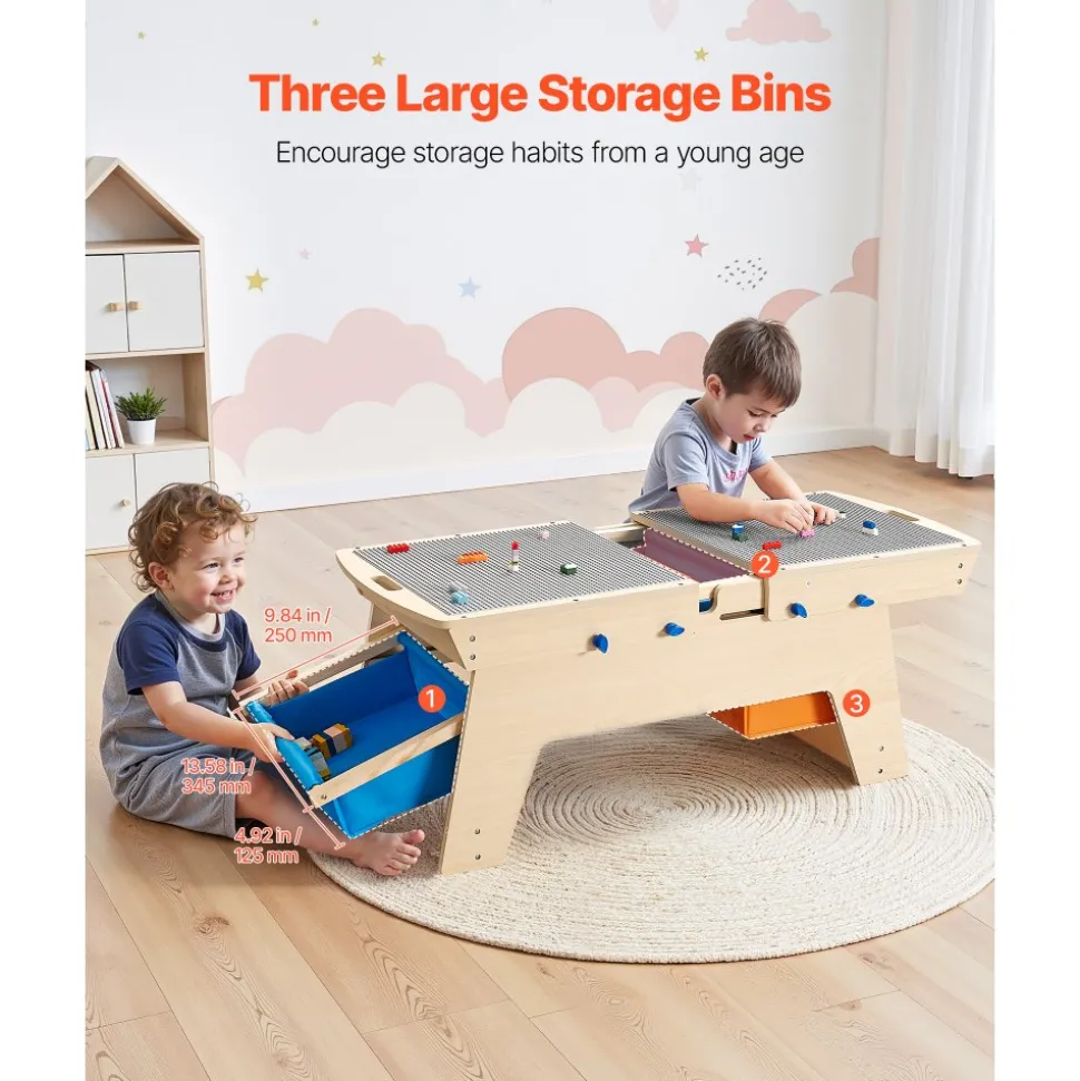 VEVOR Kids Reversible Wooden Activity Table, Multi-Purpose Activity Play Table with 200 Building Bricks & 3 Storage Bins for Kids 3+ Years, Large Storage Space, Present for Boys & Girls, Natural