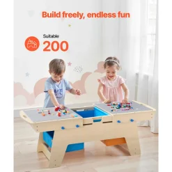 VEVOR Kids Reversible Wooden Activity Table, Multi-Purpose Activity Play Table with 200 Building Bricks & 3 Storage Bins for Kids 3+ Years, Large Storage Space, Present for Boys & Girls, Natural