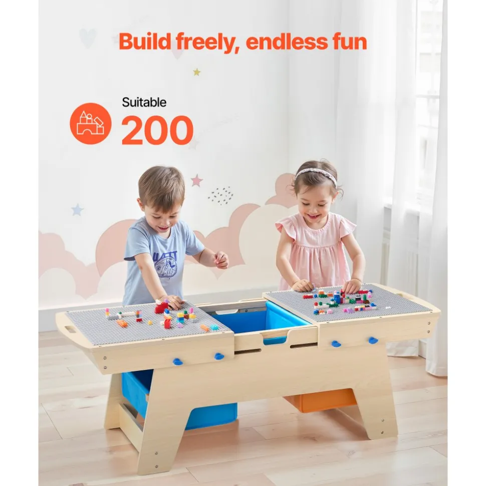 VEVOR Kids Reversible Wooden Activity Table, Multi-Purpose Activity Play Table with 200 Building Bricks & 3 Storage Bins for Kids 3+ Years, Large Storage Space, Present for Boys & Girls, Natural