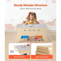 VEVOR Kids Reversible Wooden Activity Table, Multi-Purpose Activity Play Table with 200 Building Bricks & 3 Storage Bins for Kids 3+ Years, Large Storage Space, Present for Boys & Girls, Natural