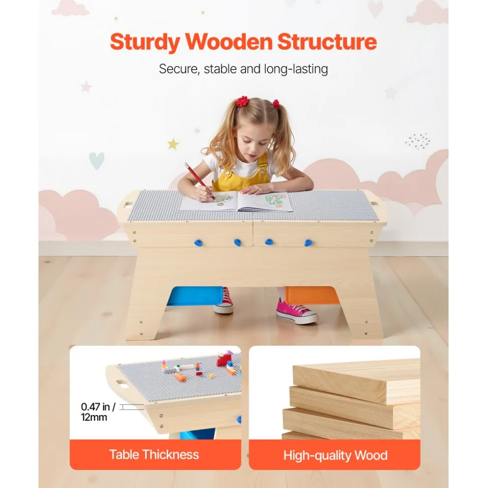 VEVOR Kids Reversible Wooden Activity Table, Multi-Purpose Activity Play Table with 200 Building Bricks & 3 Storage Bins for Kids 3+ Years, Large Storage Space, Present for Boys & Girls, Natural