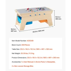 VEVOR Kids Reversible Wooden Activity Table, Multi-Purpose Activity Play Table with 200 Building Bricks & 3 Storage Bins for Kids 3+ Years, Large Storage Space, Present for Boys & Girls, Natural