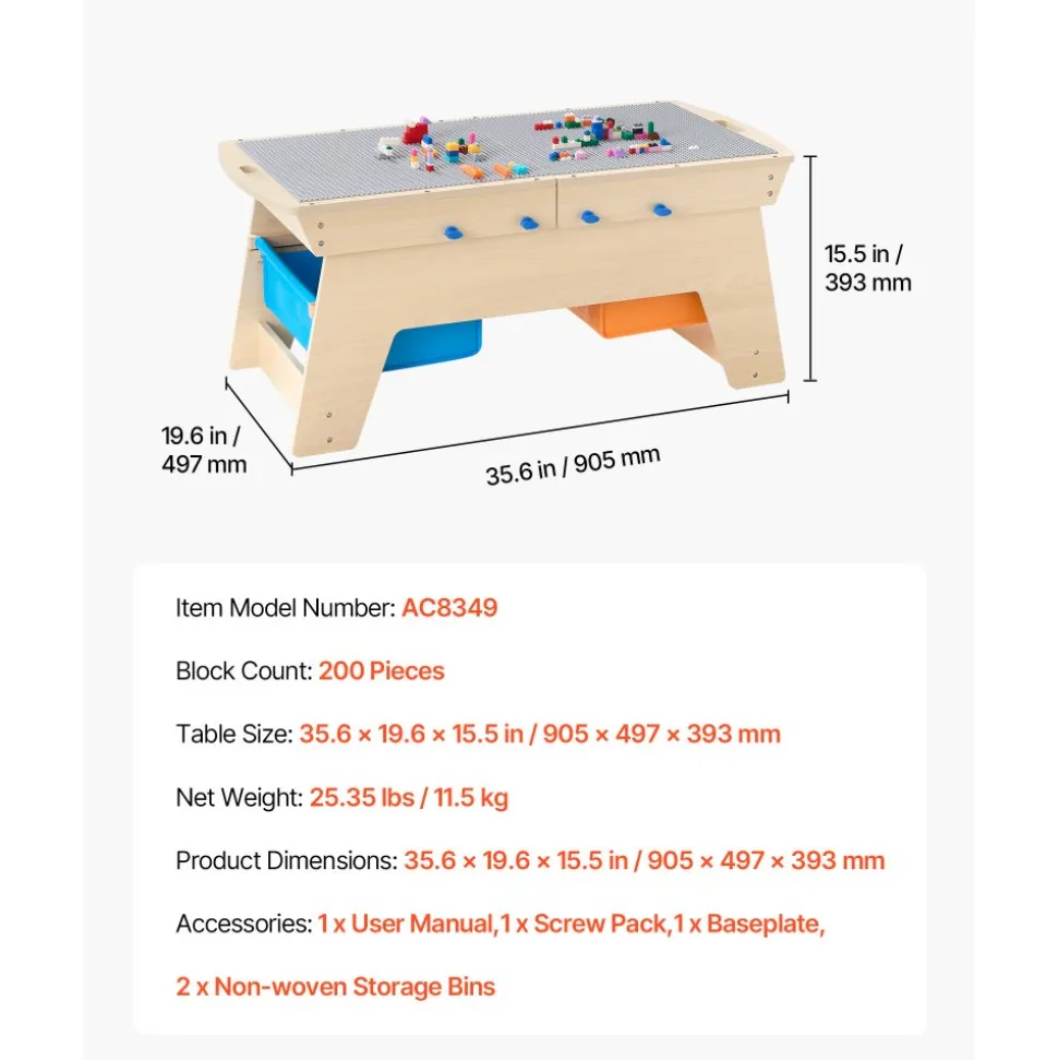 VEVOR Kids Reversible Wooden Activity Table, Multi-Purpose Activity Play Table with 200 Building Bricks & 3 Storage Bins for Kids 3+ Years, Large Storage Space, Present for Boys & Girls, Natural